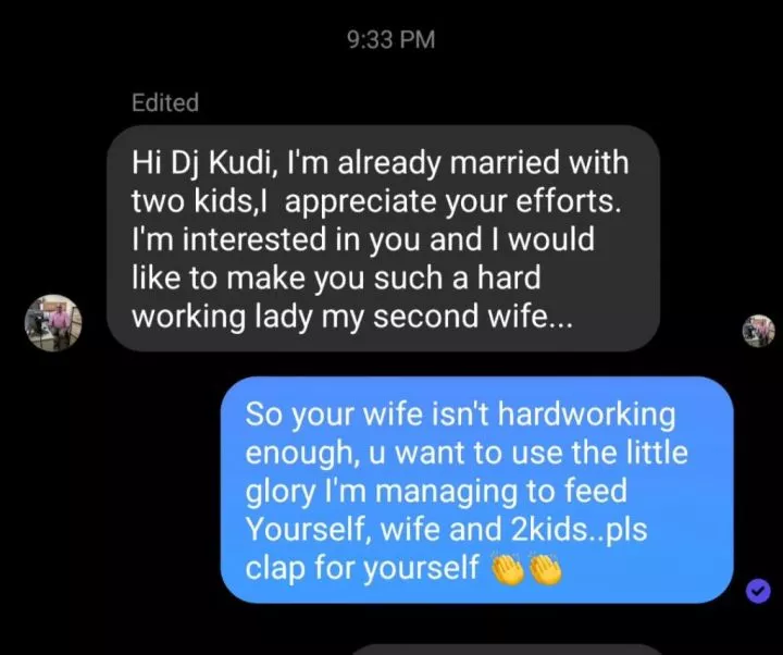 DJ Kulet leaks chat with man who wants 'hardworking lady like her' as 2nd wife