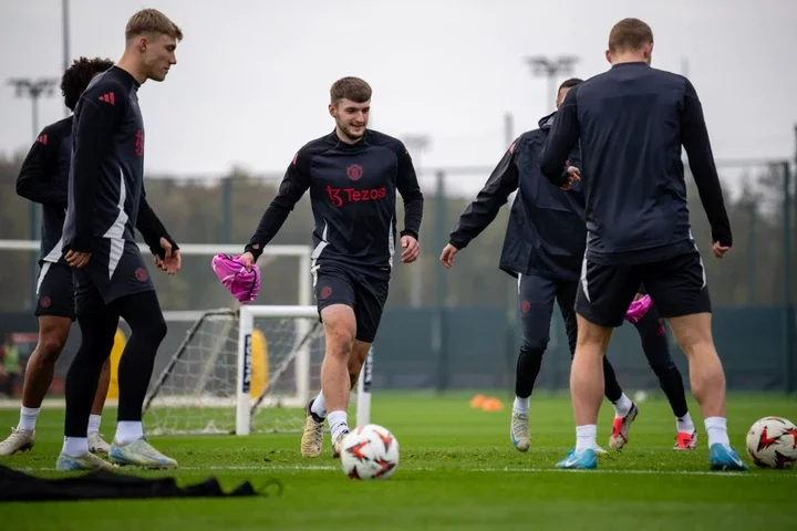 Jack Kingdon of Manchester United trains during the UEFA Europa League 2024/25 League Phase MD4 training and press conference at Carrington Trainin...