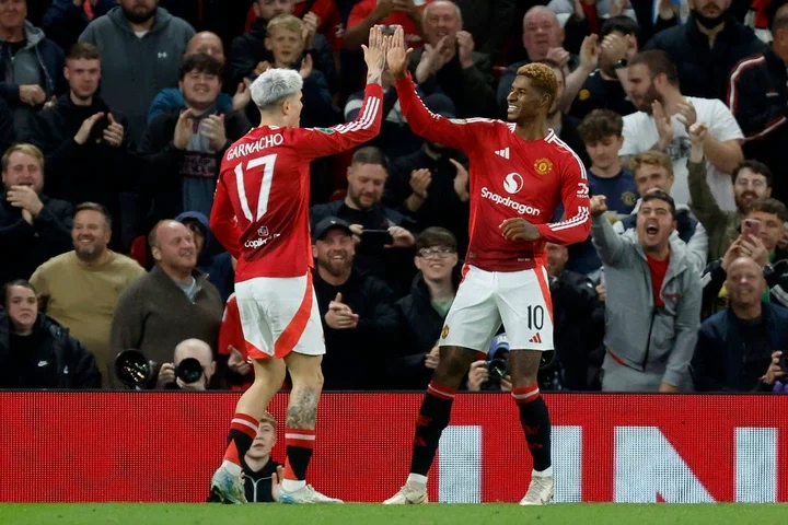 Alejandro Garnacho and Marcus Rashford of Manchester United celebrates 4th goal during the Carabao Cup Third Round match between Manchester United ...