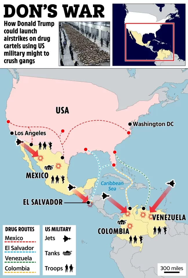 Illustration of a map showing potential US airstrikes on drug cartels in Mexico, El Salvador, Colombia, and Venezuela.