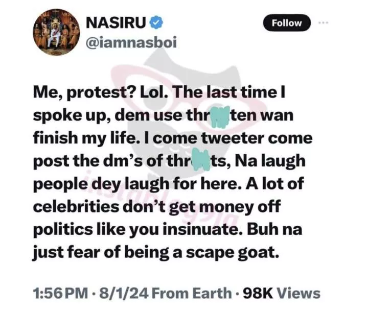 Nasboi shares reason for not participating in nationwide protest