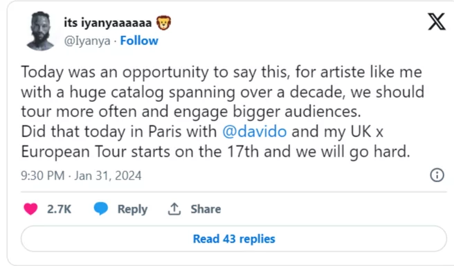 Iyanya thanks Davido for boosting his career following Paris concert appearance