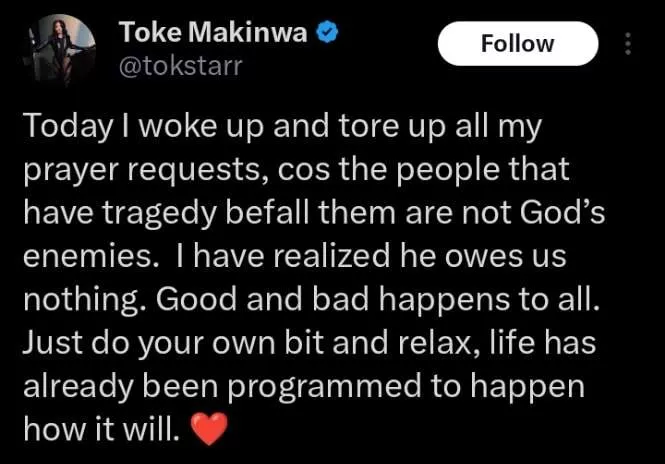 Why I tore all my prayer requests - Toke Makinwa