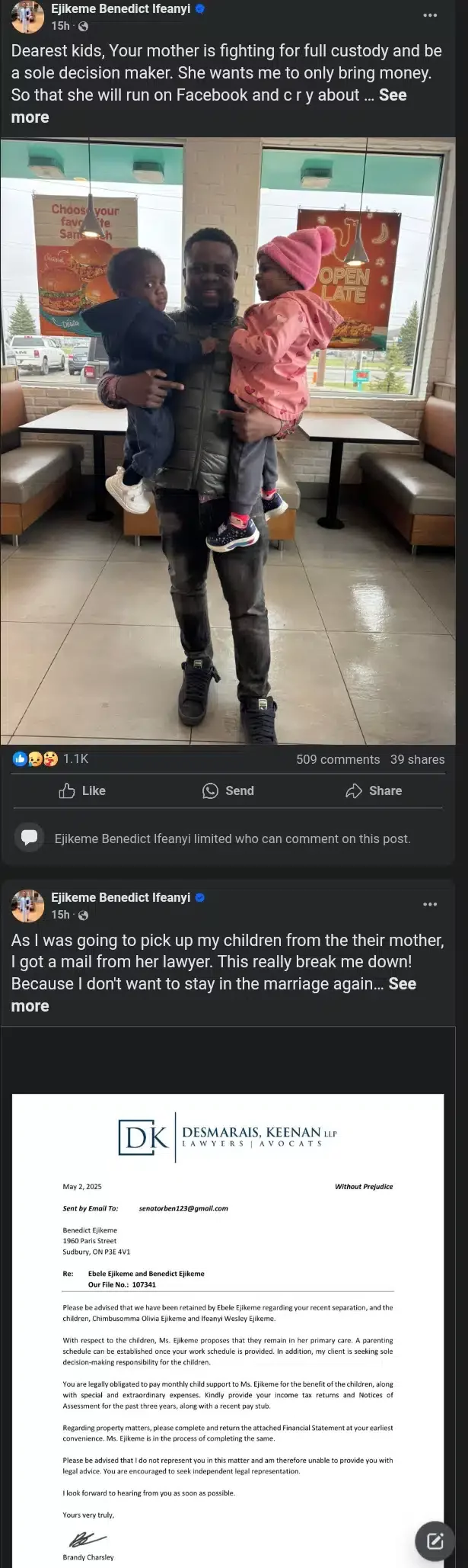 Canada-based Nigerian cries out as wife demands kids and money after failed marriage