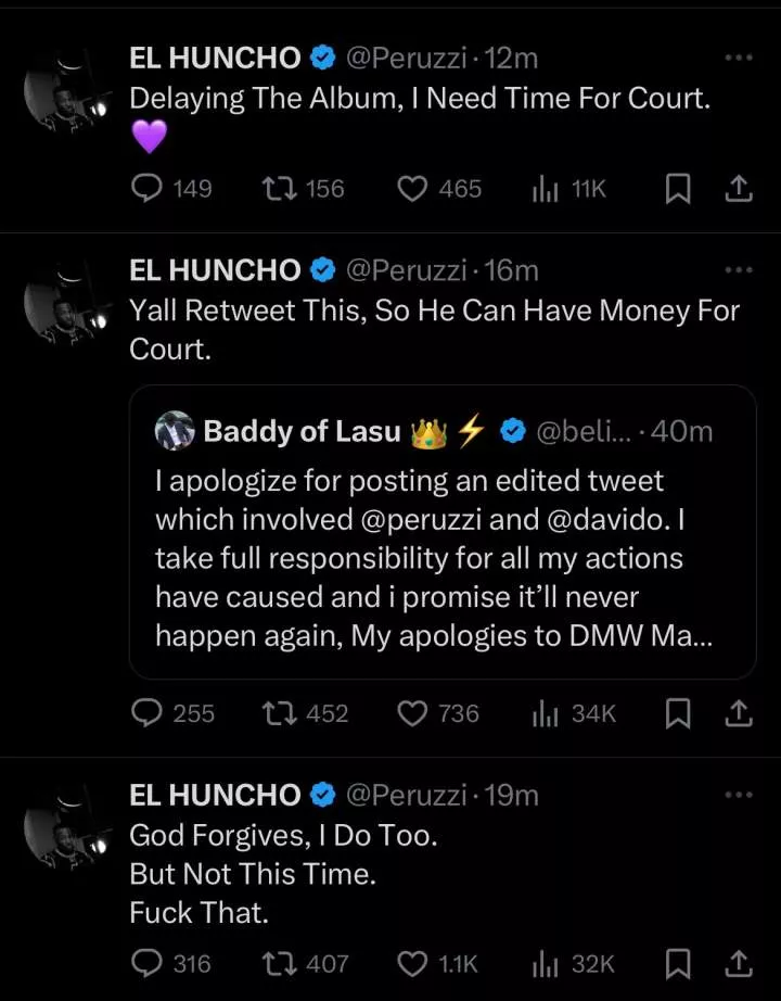 Davido reacts after Peruzzi threatened legal action against LASU student who made up tweet about him