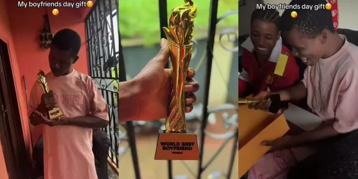 Man goes viral as girlfriend gifts him a gold-plated "world's best boyfriend" trophy on boyfriend's day