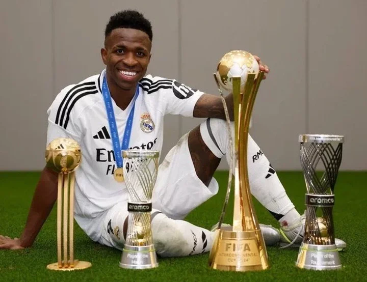 Fans react after seeing photo of Vinicius Jnr posing with his 4 recent awards at the Lusail Stadium.