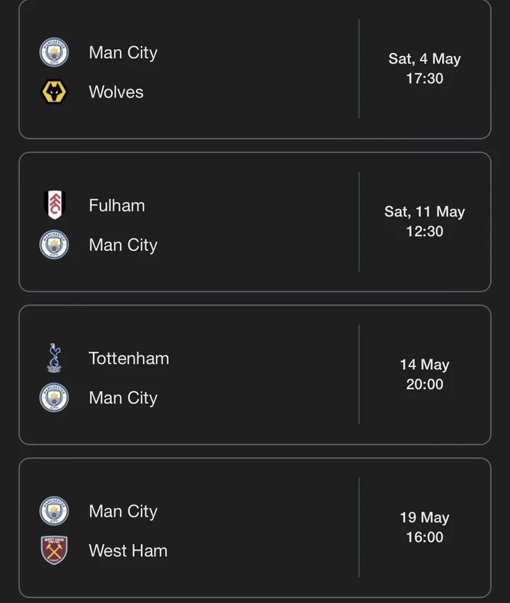 Man City's Next Four Matches In All Competitions Including A Tough Game Against Tottenham.