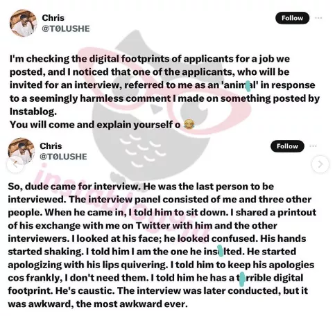 Man shares encounter with applicant who came for job interview after insulting him online