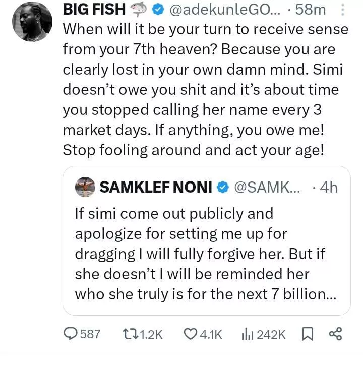 Adekunle Gold blasts Samklef for calling out his wife, Simi