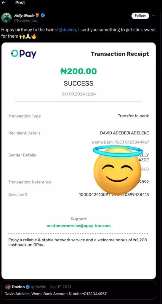 Man gifts Davido's twins ₦200 for stick sweet on their first birthday