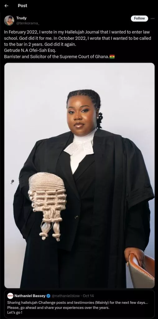 Ghanaian woman's Hallelujah Journal prophecy to enter law school and become a barrister comes true