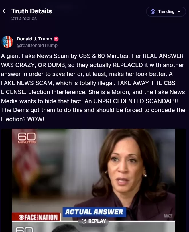 Trump calls for CBS to lose its license over Kamala Harris' interview (video)