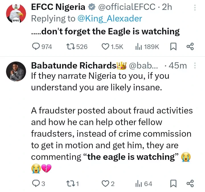 EFCC responds after suspected Yahoo boy shared incriminating tweet