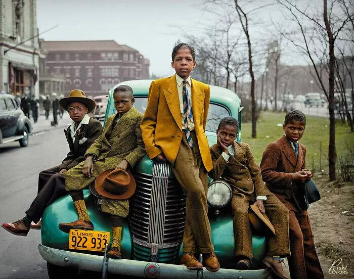 African-American Boys On Easter Morning, Southside, Chicago, Illinois, April 1941 [colorized]