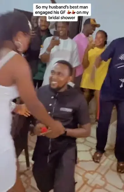 Romantic moment groom's best man proposes to girlfriend at bride's bridal shower