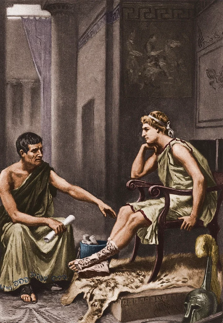 Alexander the Great listens studiously to his tutor, the philosopher Aristotle