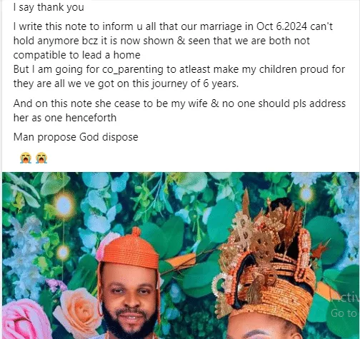 Man ends marriage with wife 2 months after traditional wedding