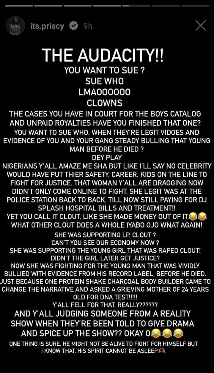 'Have you finished your case in court' - Iyabo Ojo's daughter, Priscilla Ojo blows hot as she drags Naira Marley over N500M lawsuit