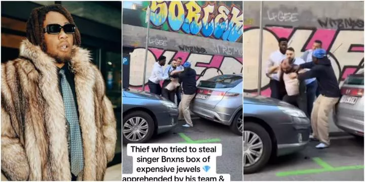 Moment police arrest man who tried to steal BNXN's multi million-Naira jewelry box in Barcelona