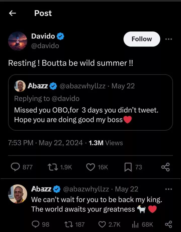 Hardcore fan frames Davido's Twitter response, plans to show future kids