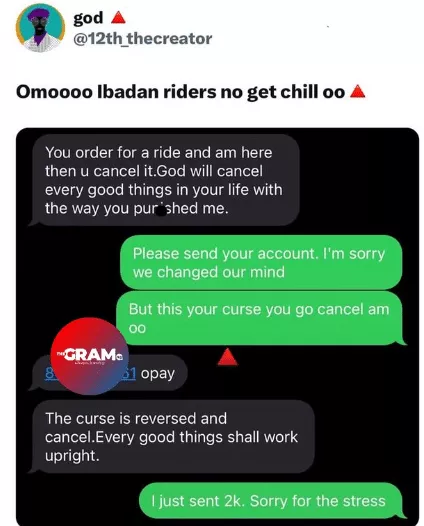 Man shares chat with Ibadan rider who laid heavy curses on him for canceling ride