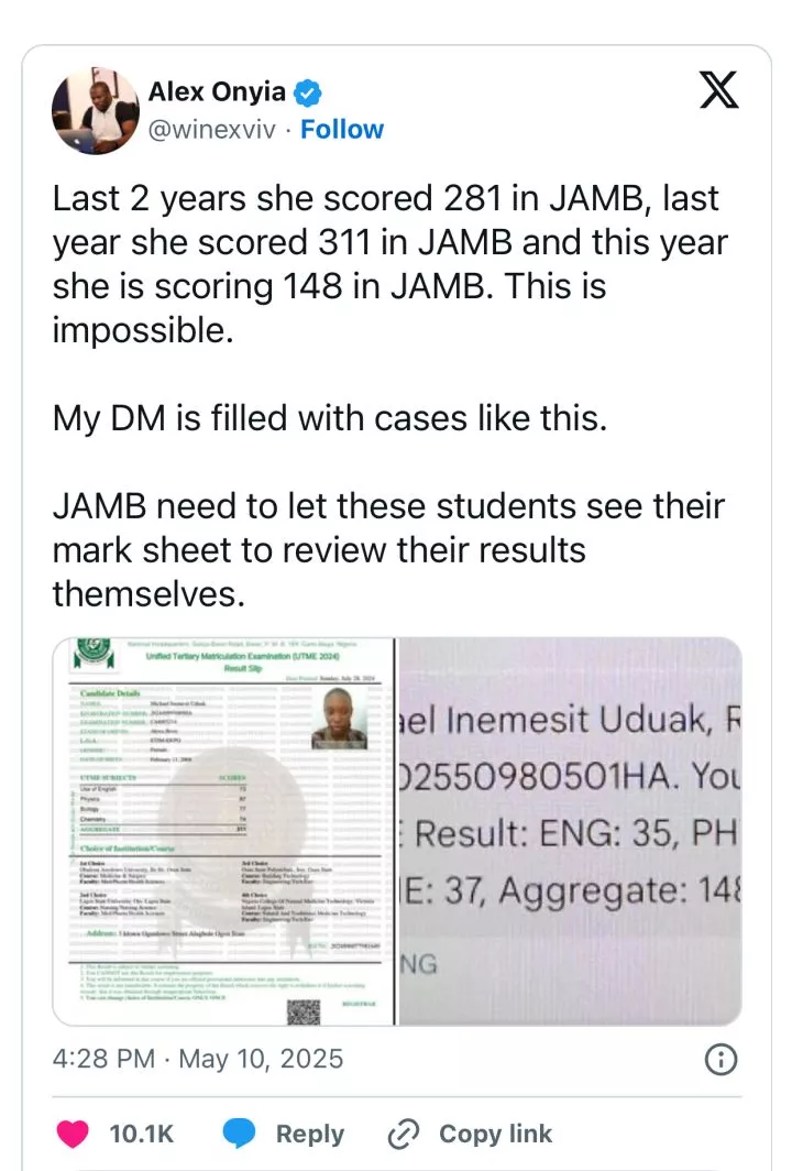 JAMB Candidate Who Scored 311 in 2024 Drops to 148 in 2025