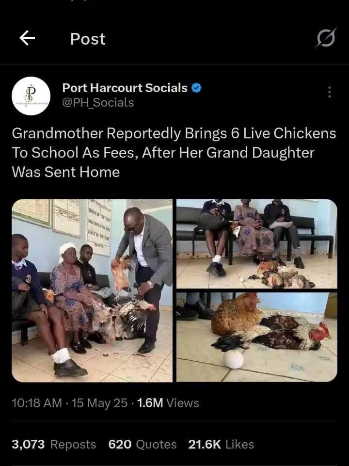 Grandmother shows up with 6 chickens to pay grandkids' school fees after they're sent home