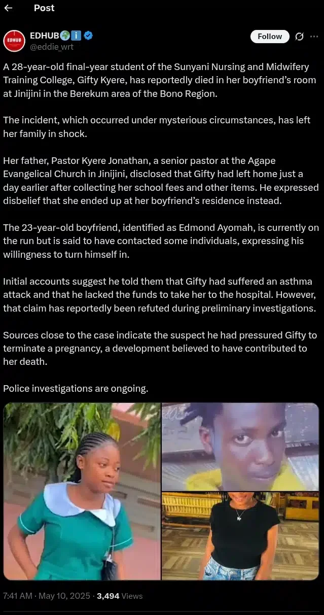 28-year-old final-year nursing student passes away in boyfriend's room