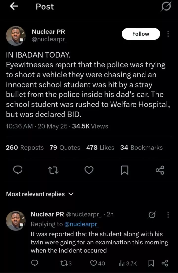 WAEC student allegedly passes away after police open fire while chasing yahoo boys