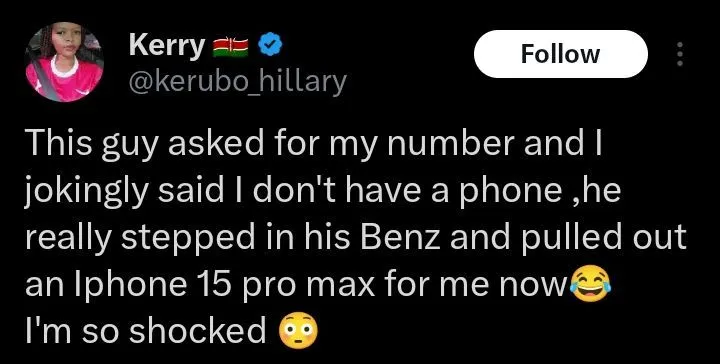 Lady recounts gifted iPhone 15 pro max by guy who asked for her number
