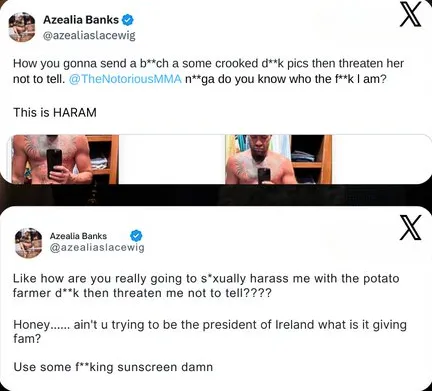 Rapper Azealia Banks posts n@k3d photos of Conor McGregor as she accuses the UFC legend of s�xual harassment