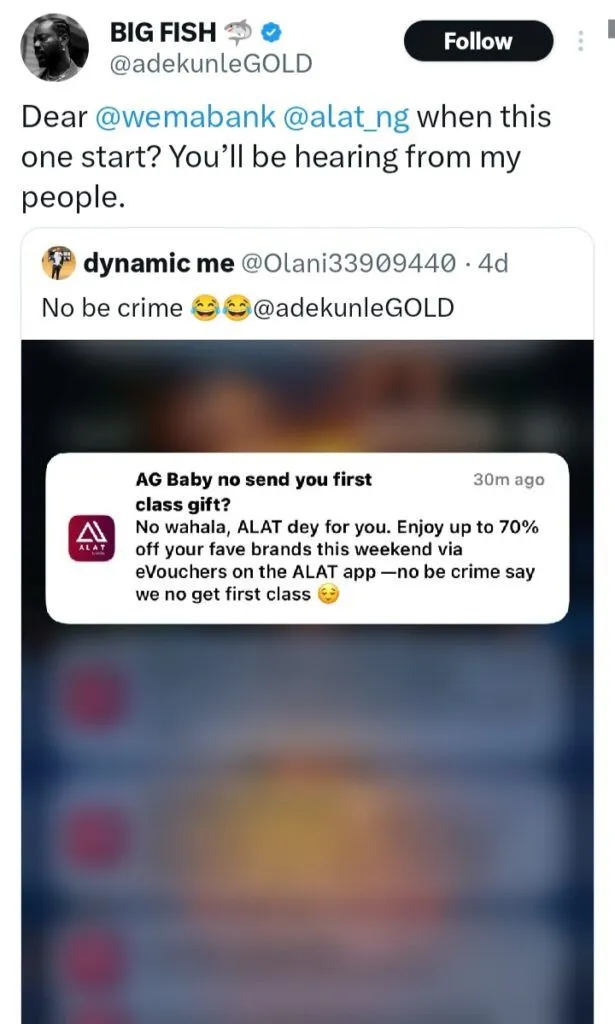 Adekunle Gold reacts as bank uses his first-class giveaway for advert