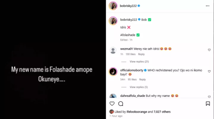 Bobrisky announces name change, takes up feminine name
