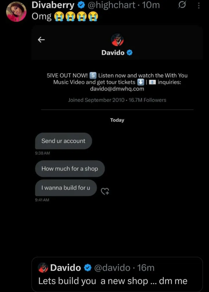 Davido offers to build shop for a female fan