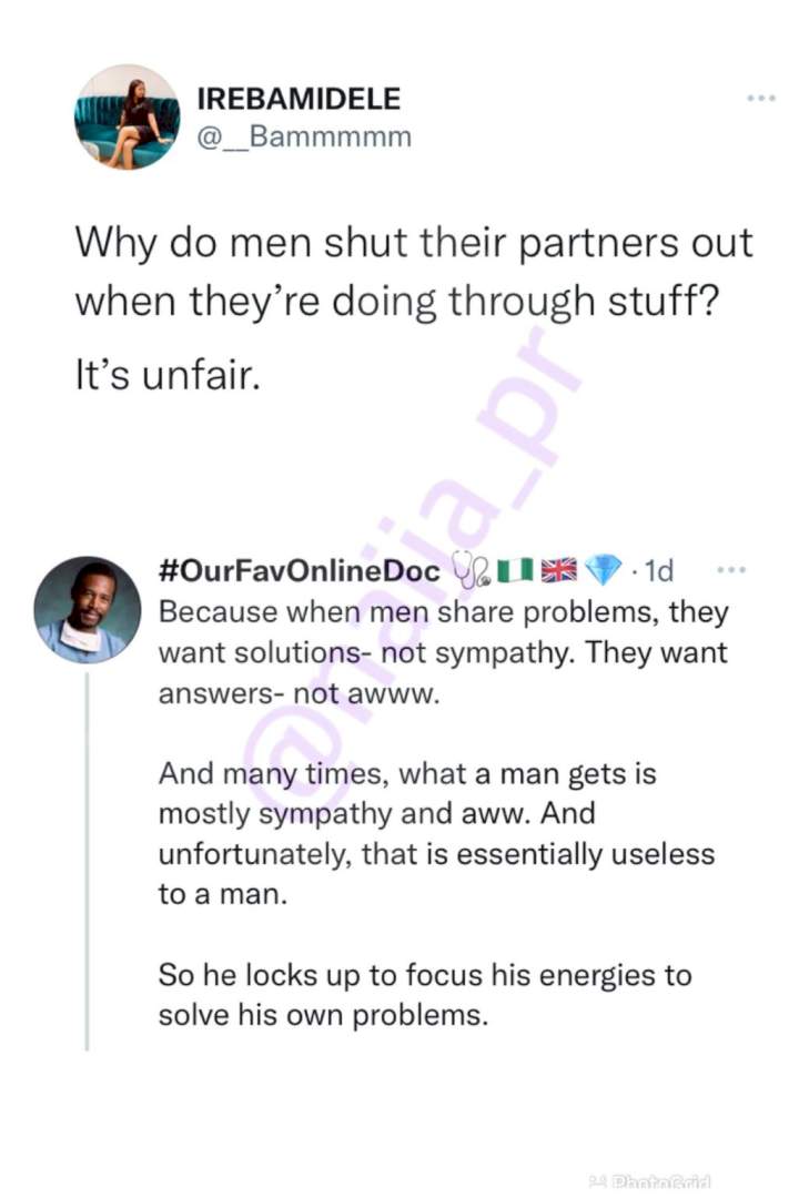 Dr Olufunmilayo explains why men shut out their partners when going through tough times