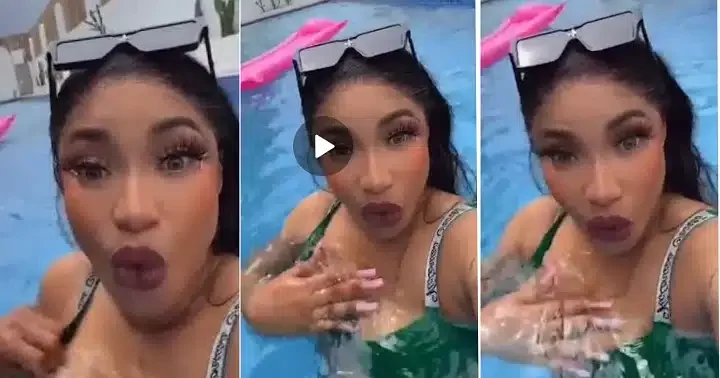 Embarrassing moment Tonto Dikeh exposed her nip while swimming in bikini (Video)