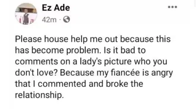 'She broke our relationship' - Man cries out as fiancee dumps him over comment on lady's photo
