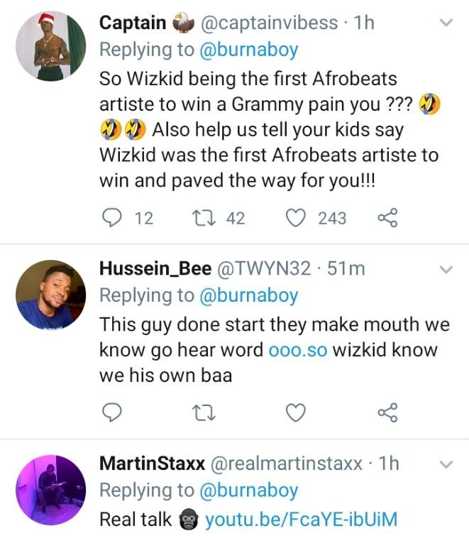 Fans drag Burna Boy to filth for allegedly shading Wizkid, days after winning Grammy awards (Screenshots)