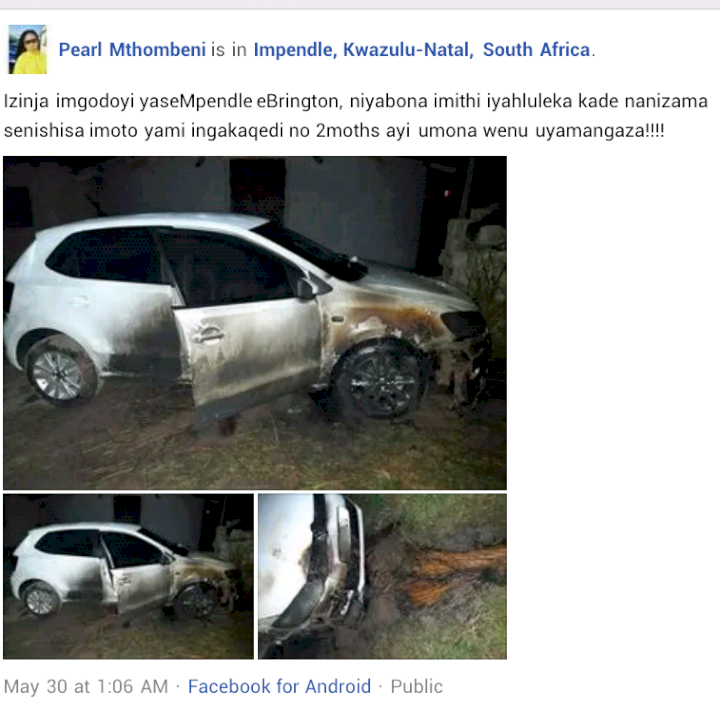 'I don't think I can survive this' - South African lady devastated as unknown 'jealous' persons set her brand new car ablaze weeks after showing it off on Facebook