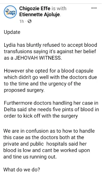 'It's against my belief as a Jehovah Witness' - Sick Nigerian woman in dire need of surgery refuses blood transfusions