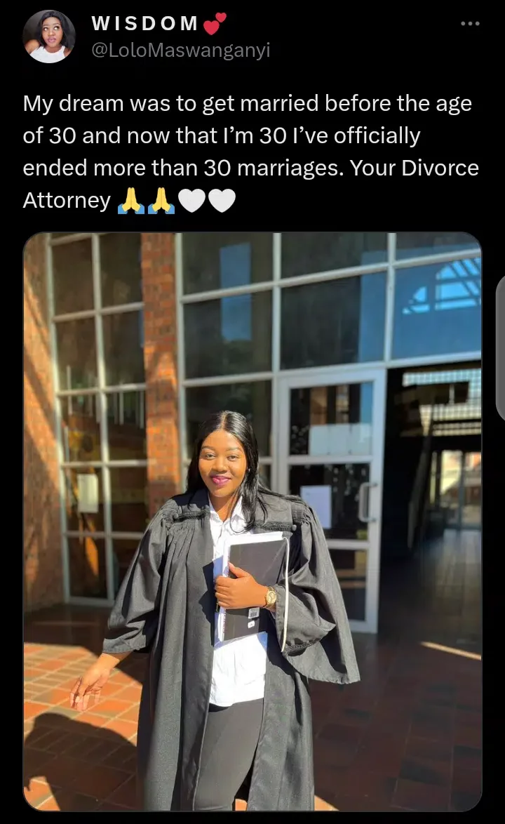 My dream was to get married before the age of 30 and now that I'm 30 I've officially ended more than 30 marriages - Female divorce attorney