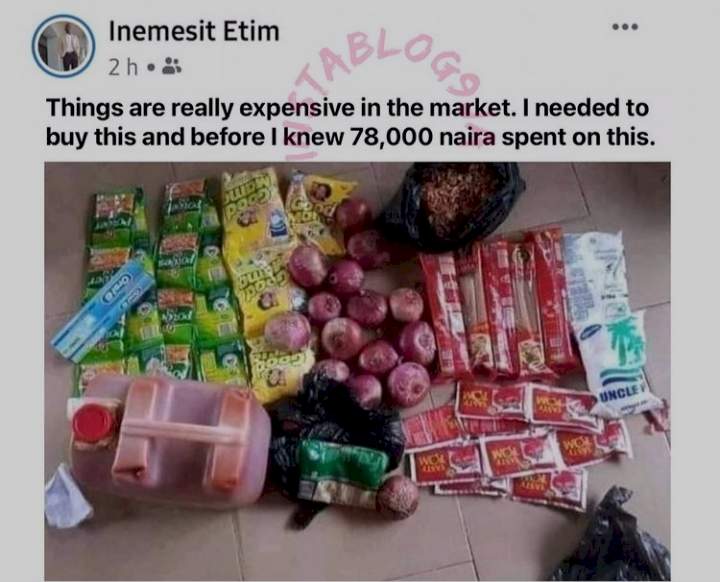 'It's a lie' - Nigerians react after a man shared photo of what he bought at the market for N78K