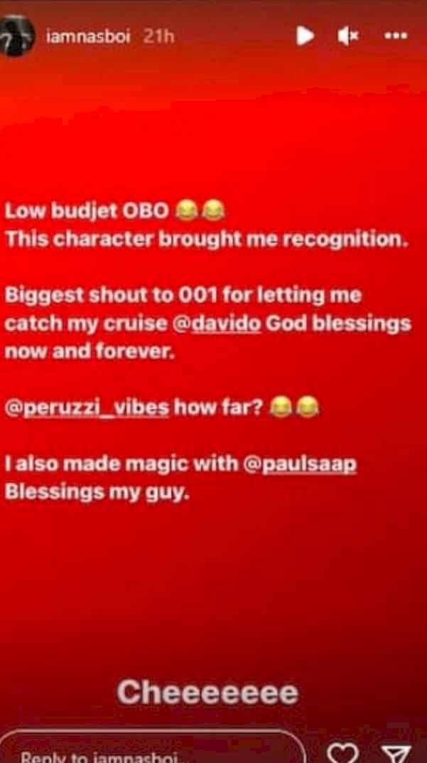 Low budget OBO: 'It gave me recognition' - Nasboi appreciates Davido and others