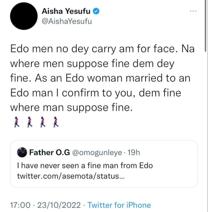 Activist, Aisha Yesufu responds after a Twitter user said he has never seen a fine man from Edo