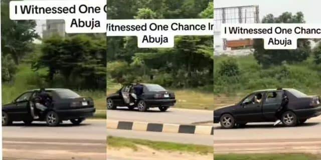 Shocking moment one chance operators try to push man out of moving car in Abuja (Video)