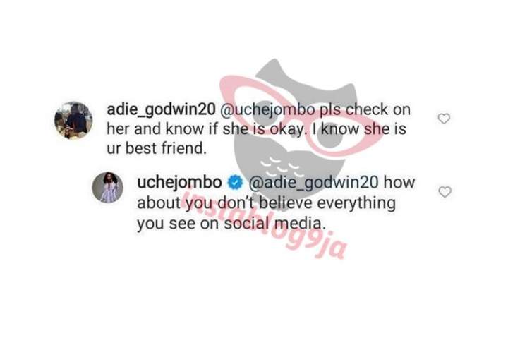 Netizens laud Uche Jombo's reply to fan who asked her to check up on Genevieve