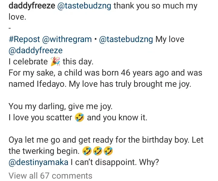 'My love has truly brought me joy' - Daddy Freeze's wife celebrates him as he turns 46