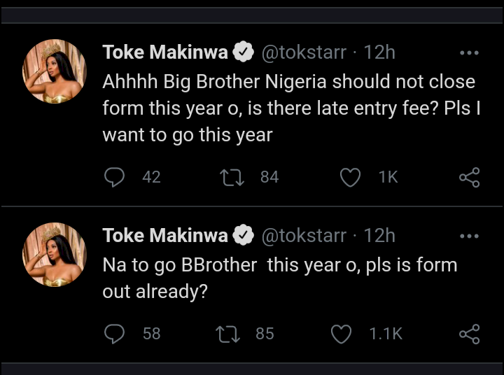 'Na to go BBNaija this year o' - Toke Makinwa reacts