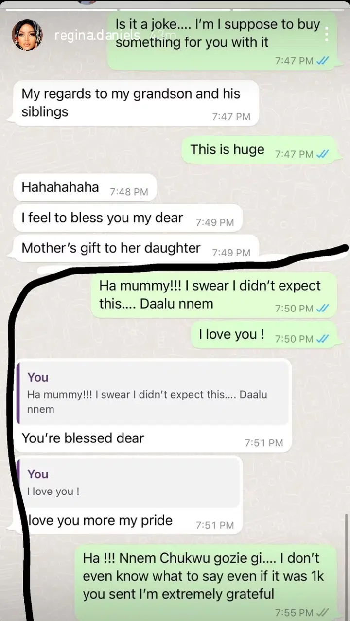 Check out Regina Daniels reaction as she receives N5M alert from mother for dinner (Screenshot)